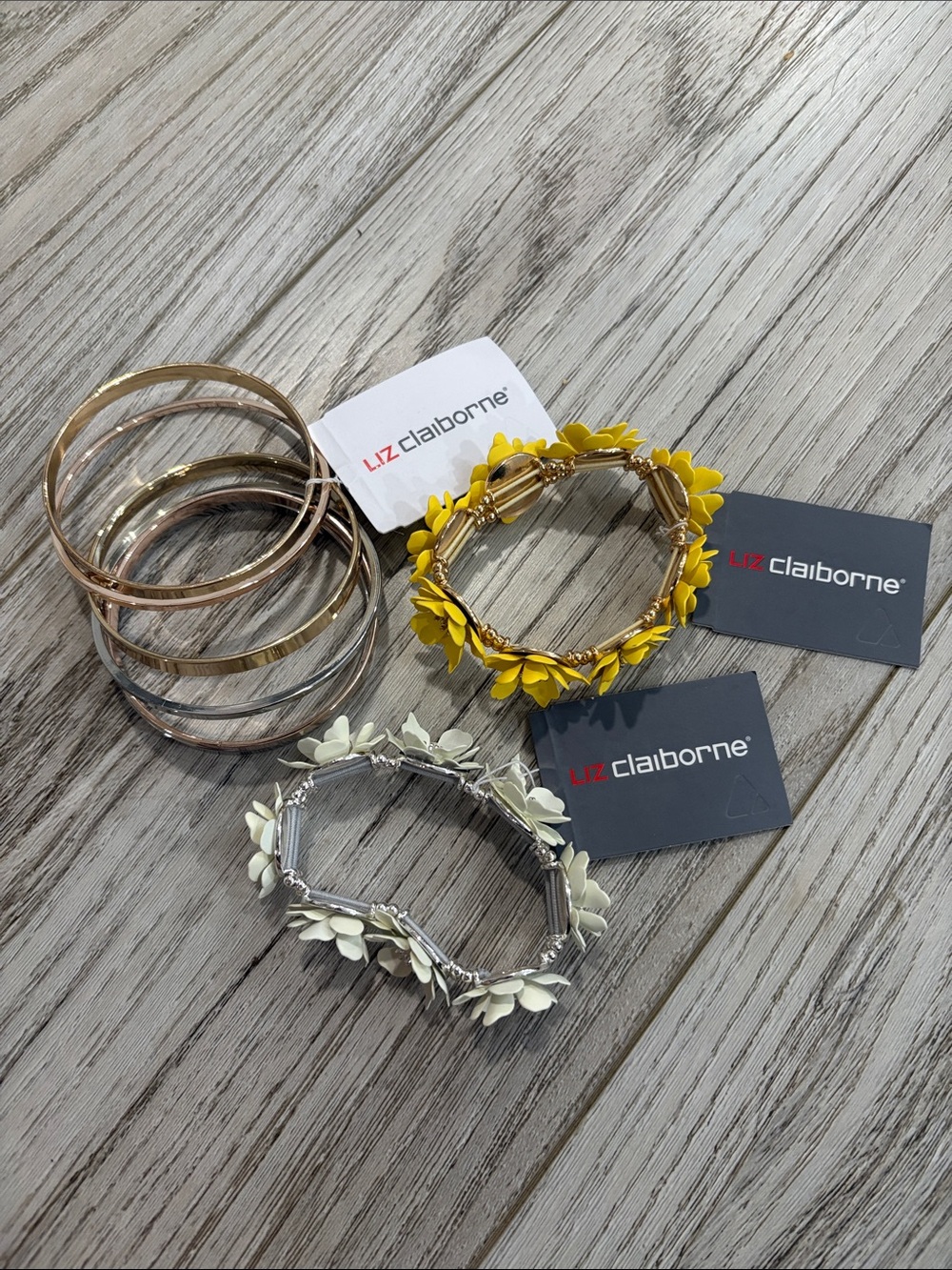 Liz Claiborne Yellow Floral and Cream Floral Bracelet Set with Metallic Bangles